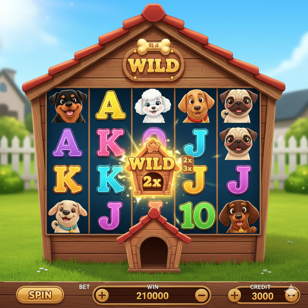 Slotumbu The Dog House oyunundaki sevimli köpek sembolleri ve wild çarpanları.