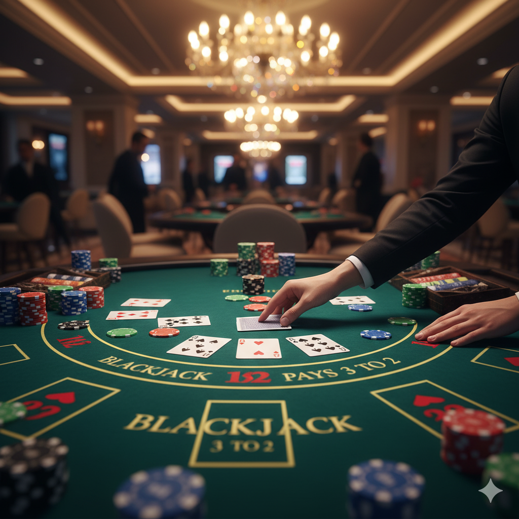 Slotumbu blackjack masasında kartlar ve fişler.